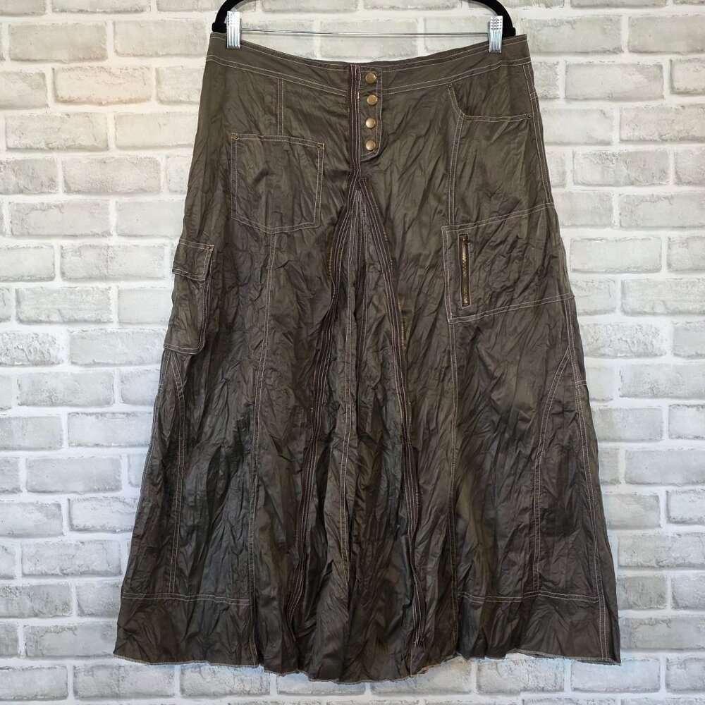 Vintage Cache Cyber Y2K Parachute Midi Skirt Zipper Detail Crinkle Grunge Goth L